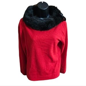 Valerie Stevens 100% Cashmere Red Sweater W/Detachable Faux Fur Black Collar